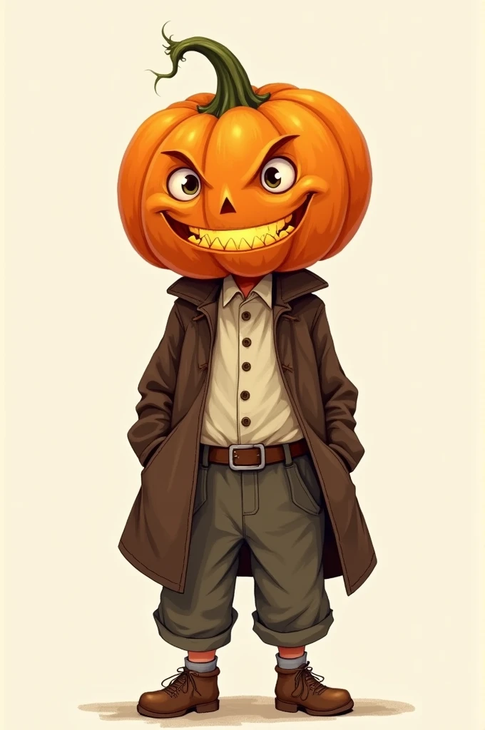 a drawing of an 8 year old boy who wears simple peasant clothes and a dark brown overcoat, he wears a carved pumpkin on his head as if it were a helmet
