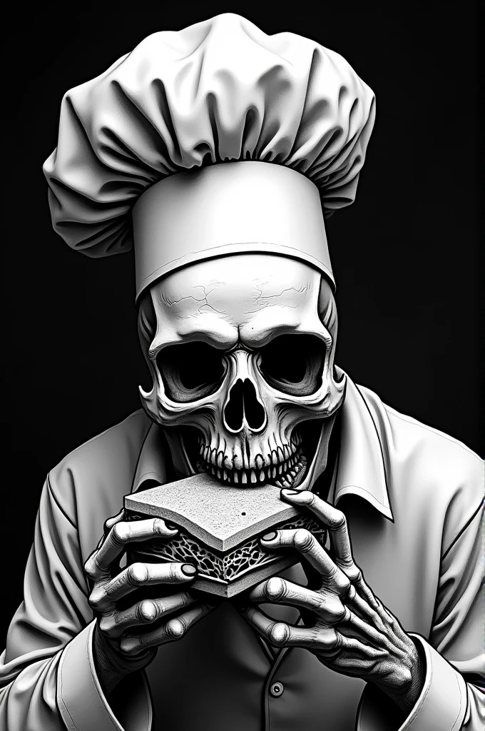 Evil looking skull with mustache and chef's hat eating a sandwich,black andwhite