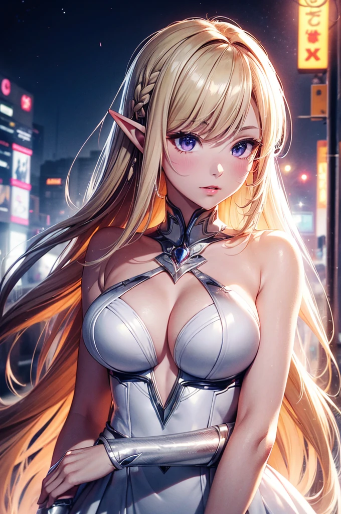 1 elf girl, one person solo, (beautiful elf lady in loving), honey blonde hair Gradient sliver white end, (absurdly long wavy hair), hair strand, single sidelock, shiny hair, (symphony purple eyes), high-detailed and delicate eyes, colourful eyes makeup, red lips, ultra detailed facial, upturned elf pointy ears, porcelain skin, warm tone skin, little blush, whole body, extreme detailed, break,
Extra long white detailed classic dress, Graphic printing clothes, classic and simple clothing masterpiece, (several heart swirl around the body), ( _give heart:1.4
), break,
Walking on the street, in the cyberpunk future city, old street, starry night sky, meteor, cloud, neon, pink heart, detailed background, break,
Full body, photography art, shallow depth of field, 8K photo, chiaroscuro, sparkle, Volumetric lighting, Edge lighting, studio lighting, cinematic lighting, (realistic, photorealistic, photo-realistic:1.37), ultra-fine painting, break,
Love theme anime, Loving theme illustration, (the art of crossover ancient classics with future technology), realism, イーブイの絵, best quality, 8K quality, 8K detail, masterpiece, highres,, CG unity,