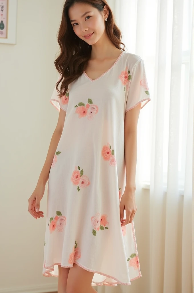 *The night dress was made from soft, lightweight fabric, ensuring comfort and ease of movement. It had a pastel floral pattern, adding a gentle touch. The design featured short sleeves and a comfortable, loose-fitting silhouette that draped softly over your figure. The length reached just below the knees, providing a modest yet cozy feel.*