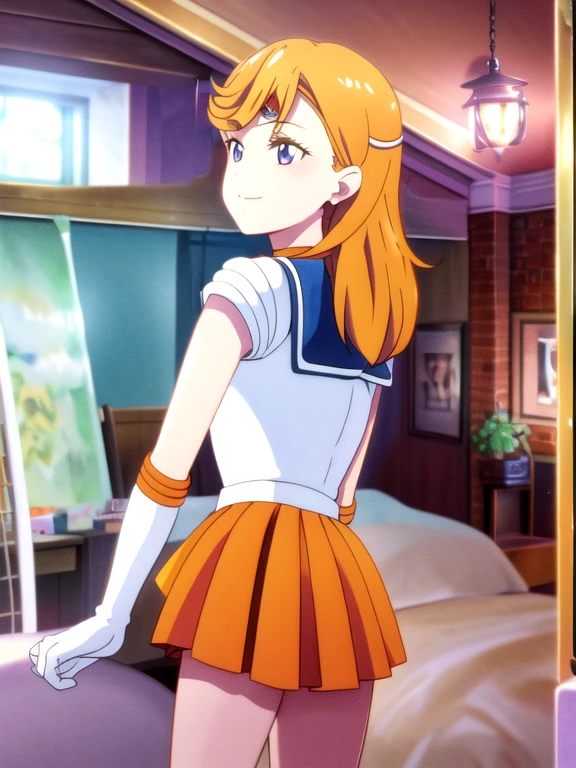 masterpiece, best quality, highres, sv1, sailor senshi uniform, medium breast, orange skirt, elbow gloves, tiara, orange sailor collar, red bow, orange choker, white gloves, jewelry,smile, brush, from below, skirt lift, standing, looking back, white leotard, milf, ornate fabric, leather texture, dramatic lighting, cinematic shot, atmospheric, depth of field, comic style, watercolor style, floating hair, wind, wind lift, shiny hair, bedroom