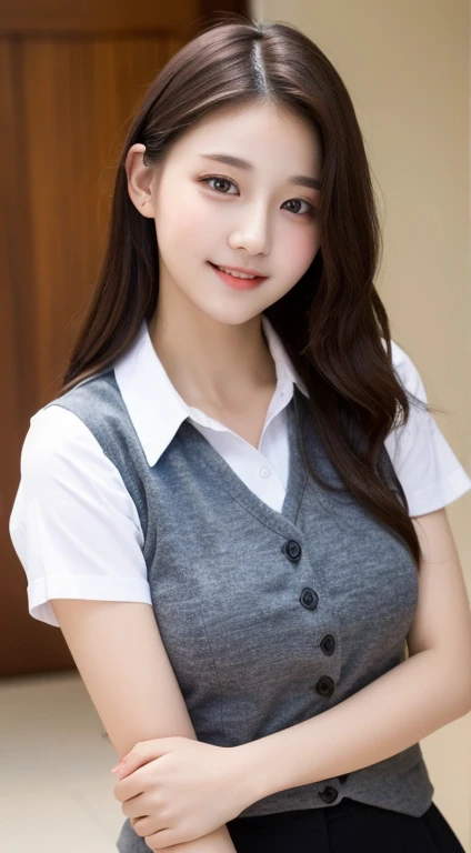 ((best quality, 8K, masterpiece: 1.3)), 1 girl, Slim, Vest: 1.1, Very slender face, Exquisite eyes, Double eyelids, Drooping eyes, Smile, 17 years old, Large Breasts