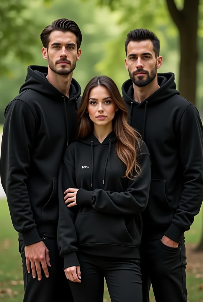 Make two handsome men and one beautiful woman are taking a picture, all three of them are wearing plain black hoodies. All of their bodies are fully visible , one of the men has the text "Niko" inside his hoodie and the other man has the text "Theo", for the woman there is the text "Cibe" Make the background look like they are in the park