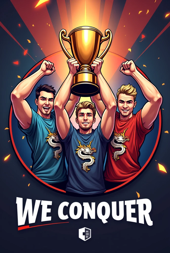 "Gaming logo photo".In the circle Four adult boys are showing pro trophy in passport size photo. Four adult boys have different hair colour, different hair style and muscle body. In the background same like " we conquer". They are wearing dragon t shirt