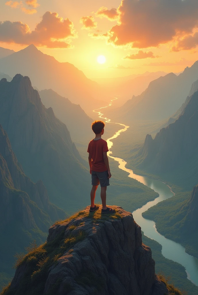 Image of the boy standing on top of a mountain at sunrise, looking out over a vast landscape. The sky is wide and open, symbolizing endless possibilities