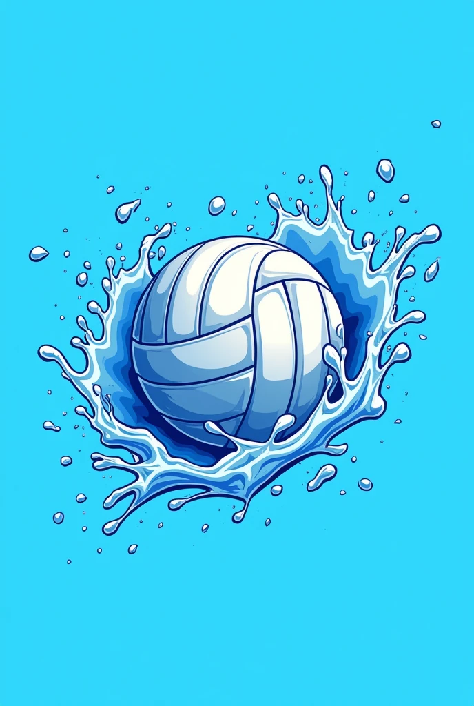 volleyball logo with water or ice surrounding it, bright blue background, dynamic, strong passion, splash, soft, full, water causes powerful water jet effect, generous, free, Minimalist colors with a logo feel that's still modern, clear water, very clear, The main color is blue, lots of blue in (2D line drawing logo design), The water effect swirls around the volleyball many times, the clear water jets shoot out strongly.