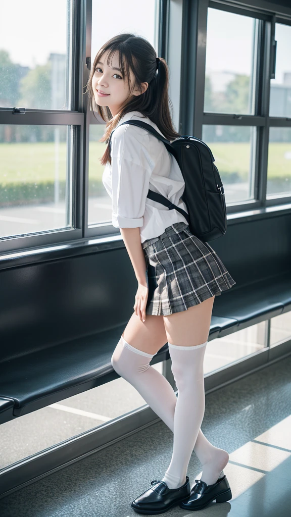 Great quality、8k、Flying debris、(RAW Photos:1.4)、High resolution、((Xu々Composition away from the subject))、((Full body photo from face to shoes))、((Perfect Anatomy:1.2))、Stand sideways、((skirt、:1.5))、The gaze stares into the distance、profile、1 female 18 years old、Detailed skin、Glowing Skin、Baby Face、double eyelid、eyes with long eyelashes、Small face、smile、Open your mouth、Beautiful hairstyle、School corridor、Staring out the window、Please put your hand on the window and stretch it out...、Turn your body towards the window、The windows provide natural light、dream、Realistic school scenery、middle School girl、Blue and grey school bag on shoulder、、Slender and delicate body、Small breasts、White shirt、White Shirt、girl 、チェックskirt、healthy、young woman、black tights、black tights、Black knee-high socks、のloafers革靴、loafers、Full Body Shot、Beautiful hairstyle、accentuate the lines of her extremely slim legs、