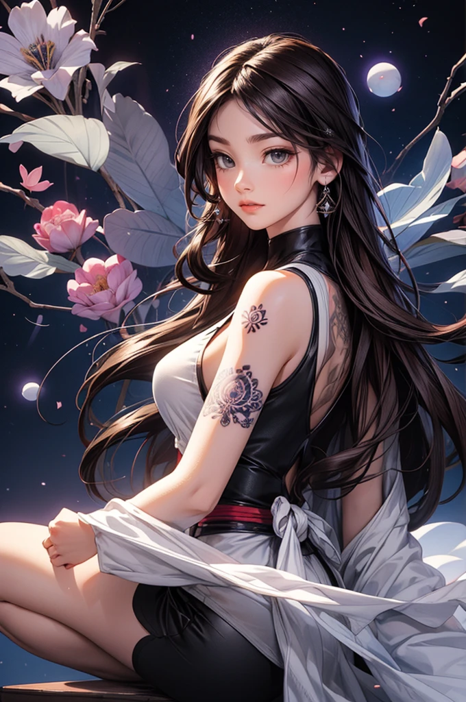 A stunning 3D anime-style render of a beautiful woman with a mesmerizing mandala tattoo on her back. The mandala features intricate, colorful patterns with a blend of traditional and modern designs. The woman has long, flowing dark hair and wears a sleeveless white top that shows off her toned shoulders. The background is a blend of deep purples and blues, with a sense of depth and dimension, enhancing the 3D effect., 3d render, anime