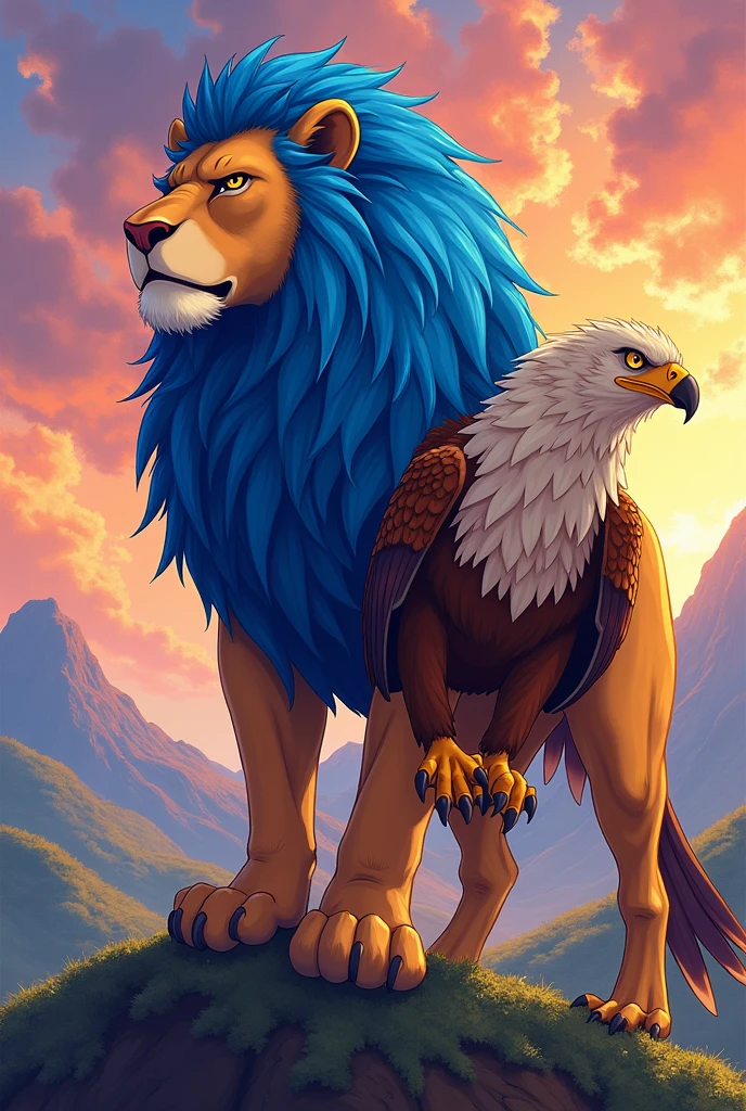 The cover of an anime starring a lion and an eagle who are friends with a landscape in the background with striking colors, and that the lion's mane is blue