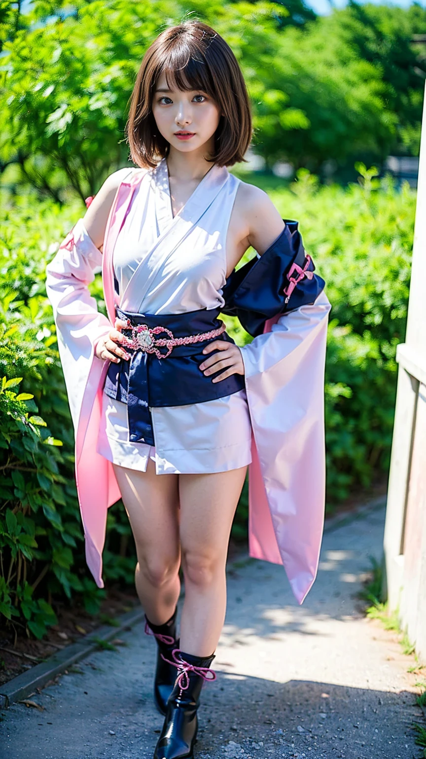 (8k、RAW Photos、Highest quality、masterpiece:1.2)、(Realistic、Realistic)、1 girl、((Long-sleeved kimono、white、pink、navy blue、Shoulder visible、Breast enlargement、boots、ribbon、Thin legs、mini skirt、whole body、View from the front、Looking into the camera、Stand with hands on hips))、cute