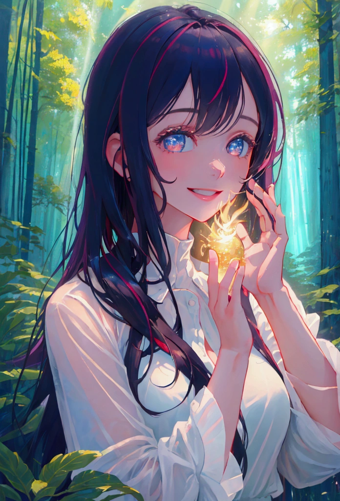 High resolution, (offcial art, beautiful and aesthetic: 1.2), Close view, vast world, Girl,Refreshing smile, distant horizon, woods, natural beauty, Inspiration, light effect ,sex,completely naked