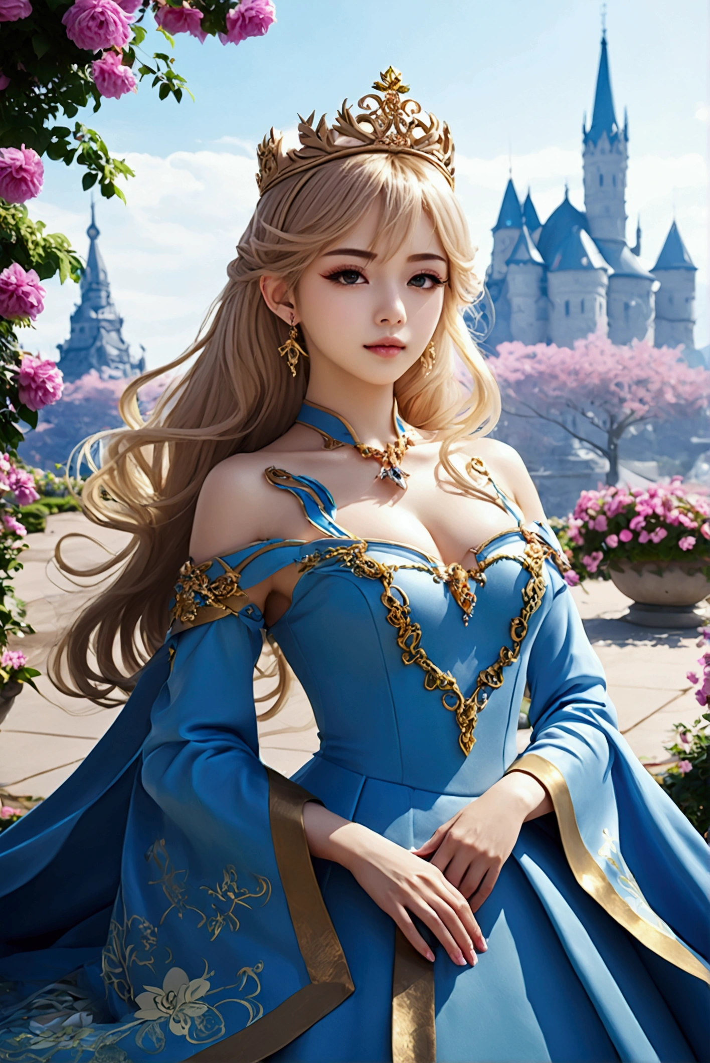 Anime Princess Style，face is a fair and (cool), all picture quality , mystical ,delicate and precise ,detailed background ,colorful picture ,high quality, luxury，Upper body，Hair color white，Golden Crown