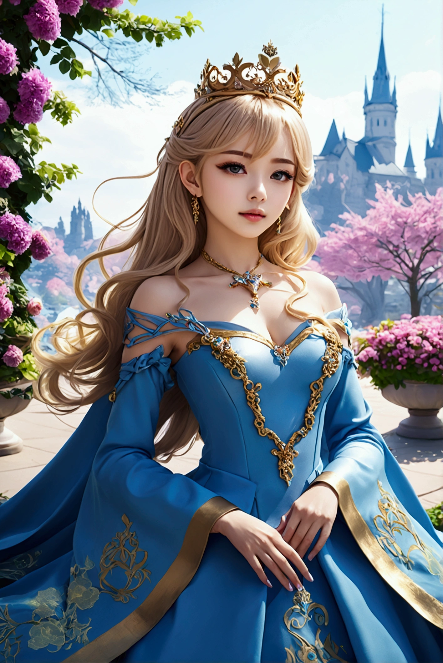 Anime Princess Style，face is a fair and (cool), all picture quality , mystical ,delicate and precise ,detailed background ,colorful picture ,high quality, luxury，Upper body，Hair color white，Golden Crown