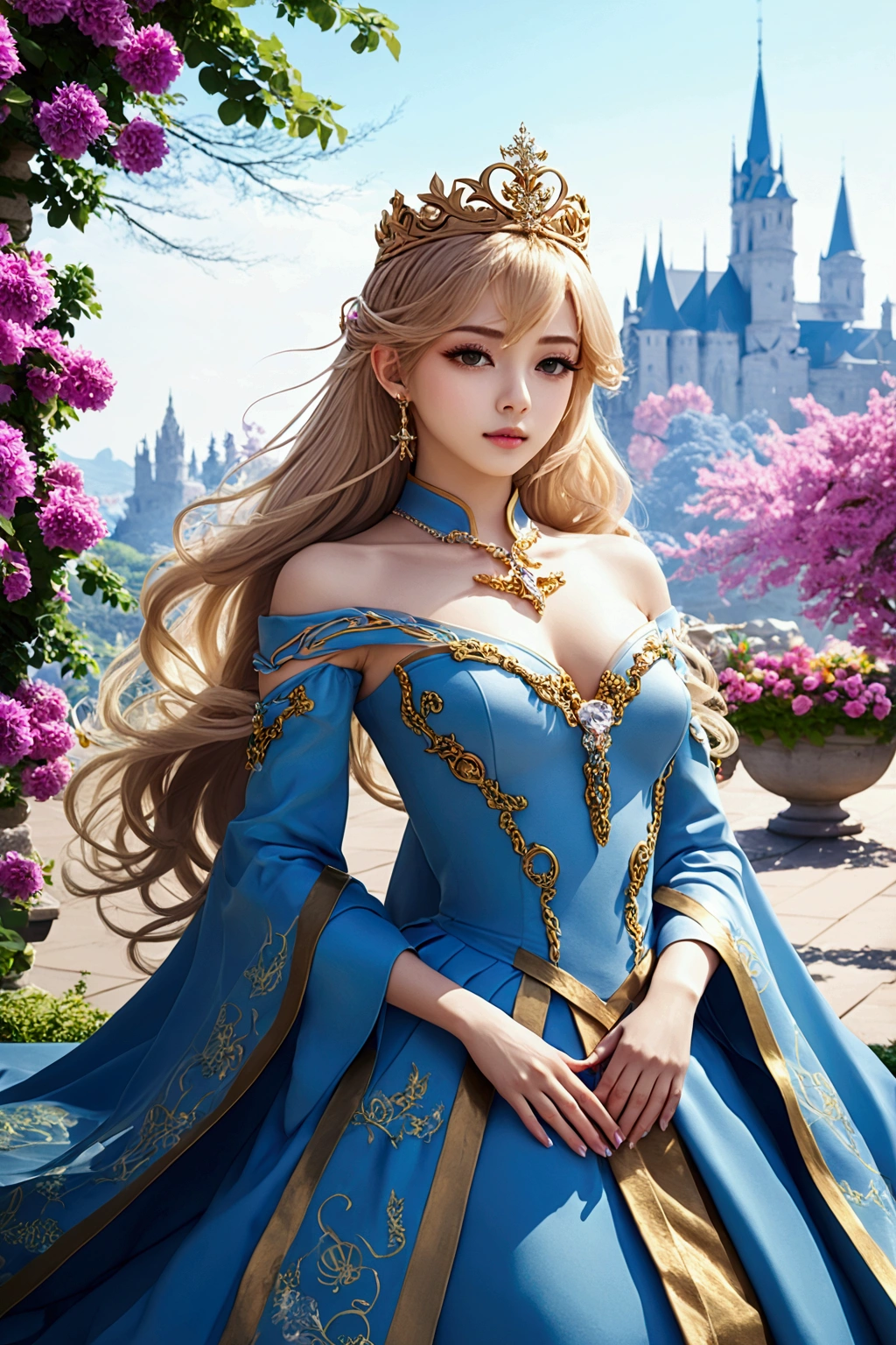 Anime Princess Style，face is a fair and (cool), all picture quality , mystical ,delicate and precise ,detailed background ,colorful picture ,high quality, luxury，Upper body，Hair color white，Golden Crown