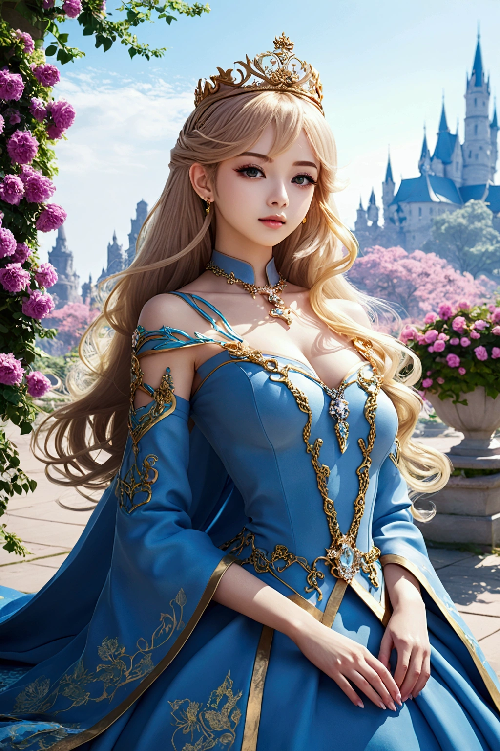 Anime Princess Style，face is a fair and (cool), all picture quality , mystical ,delicate and precise ,detailed background ,colorful picture ,high quality, luxury，Upper body，Hair color white，Golden Crown