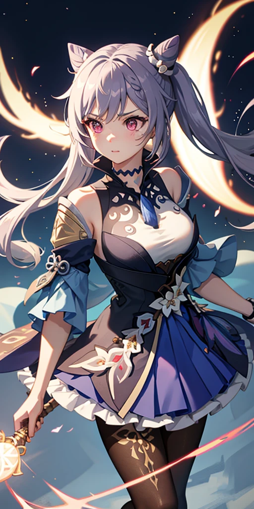 1个Giant Breast Girl, Japanese clothes, pony tails ,White hair, a purple eye, Magic Array, blue flame, blue flame, the wallpaper, The landscape, bloods, blood spatter, depth of fields, the night, Light particles, llight rays, Sideslit, upper legs, destiny \(series\), Genshin Impact is eye-catching, Open jacket, a skirt, Raise your legs, ​​clouds