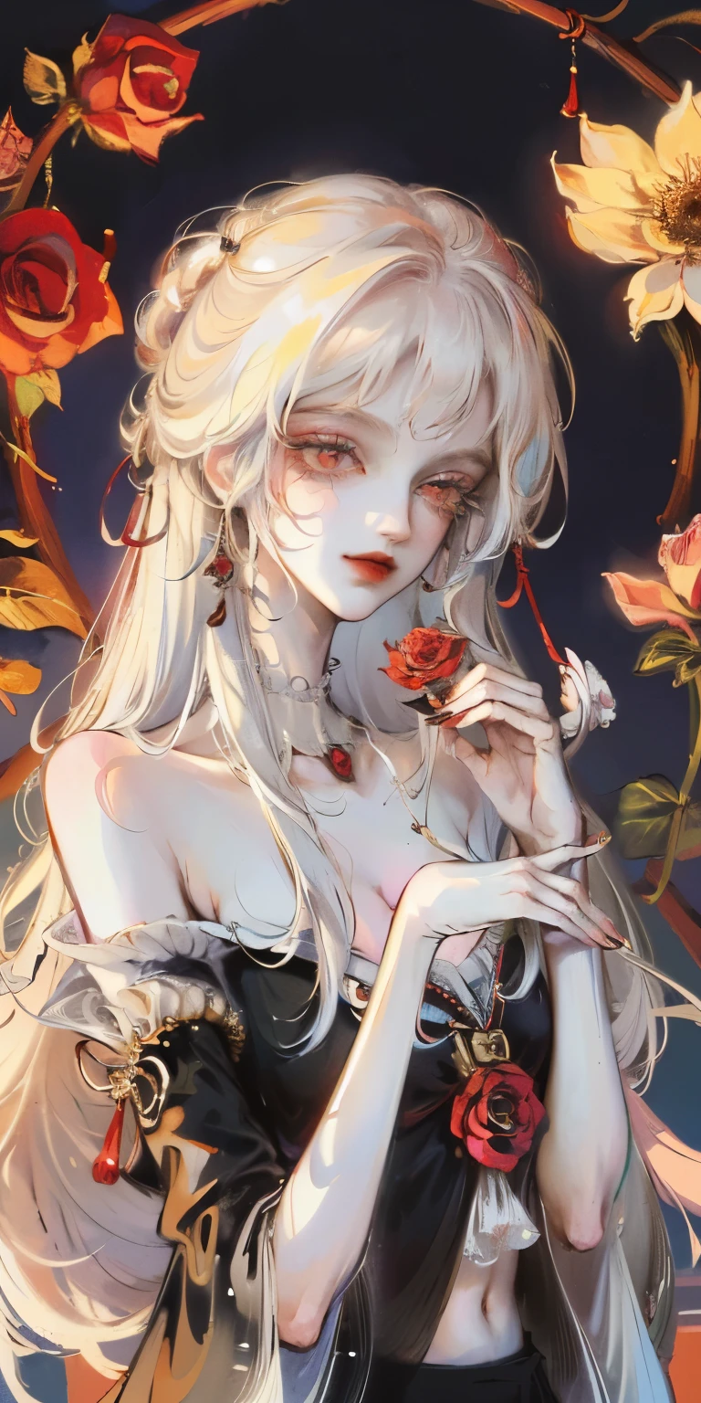 8k, hiper HD, Projetado por nty, A woman is, Albino demon girl standing, roupas coloridas, Tiro de longe, (olhos grandes, The eyes are delicate and beautiful, rosto bonito e delicado, detalhes no rosto), ( com cabelo cacheado preto:1.3) , Rosa vermelha,, Piscando ,(chifres longos e complexos:1.2), Backgrounid branco, Detalhes complicados, fundo colorido, abstrair