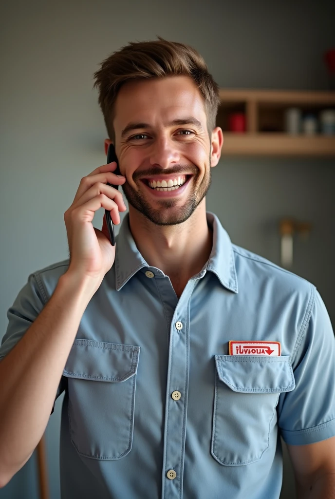 A photorealistic image of a young professional white male plumber holding a smartphone to his right ear as if receiving a call. He is facing the camera, making direct eye contact, and smiling confidently. His expression shows he's engaged in a pleasant conversation. The man is wearing professional plumber attire, such as a clean, branded polo shirt or work shirt with a company logo. He may have a tool belt or have tools visible in the background. He is standing in a residential or commercial setting, possibly with plumbing fixtures or tools subtly visible in the background. The image is framed from the waist up, with the focus on his face and the phone. The background is slightly blurred. This high-resolution image should resemble a professional stock photo or company website image, not an illustration or cartoon. The overall impression should be of a reliable, professional tradesman