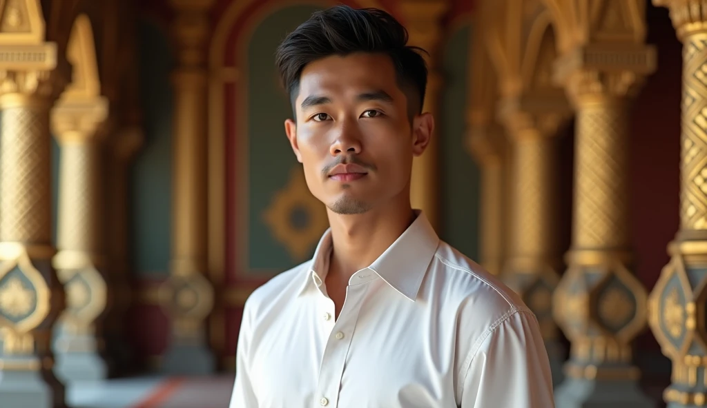 a Khmer handsome man in the room royal palace wear a simple white shirt