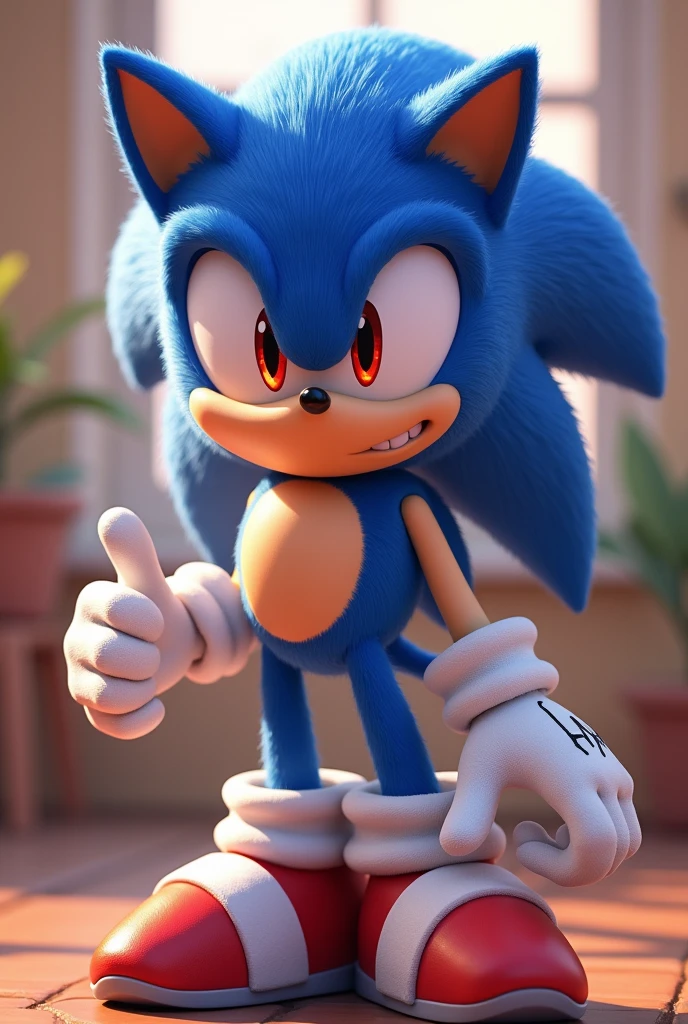 a happy boy with sonic with red eyes