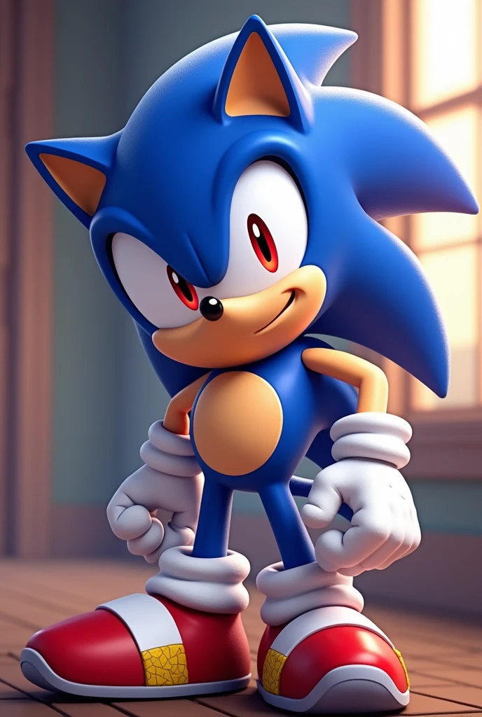 a happy boy with sonic with red eyes