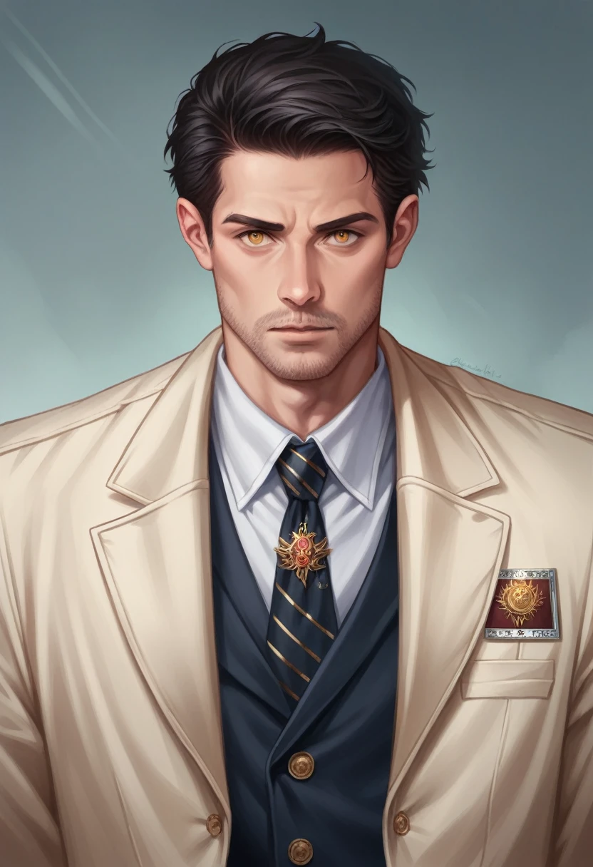 a man with long black hair, golden eyes, detailed facial features, wearing a suit and suit coat, fantasy style, cinematic lighting, hyper detailed, intricate, ornate, rich colors, dramatic composition, photorealistic, award winning digital art, 8k, highly detailed, masterpiece