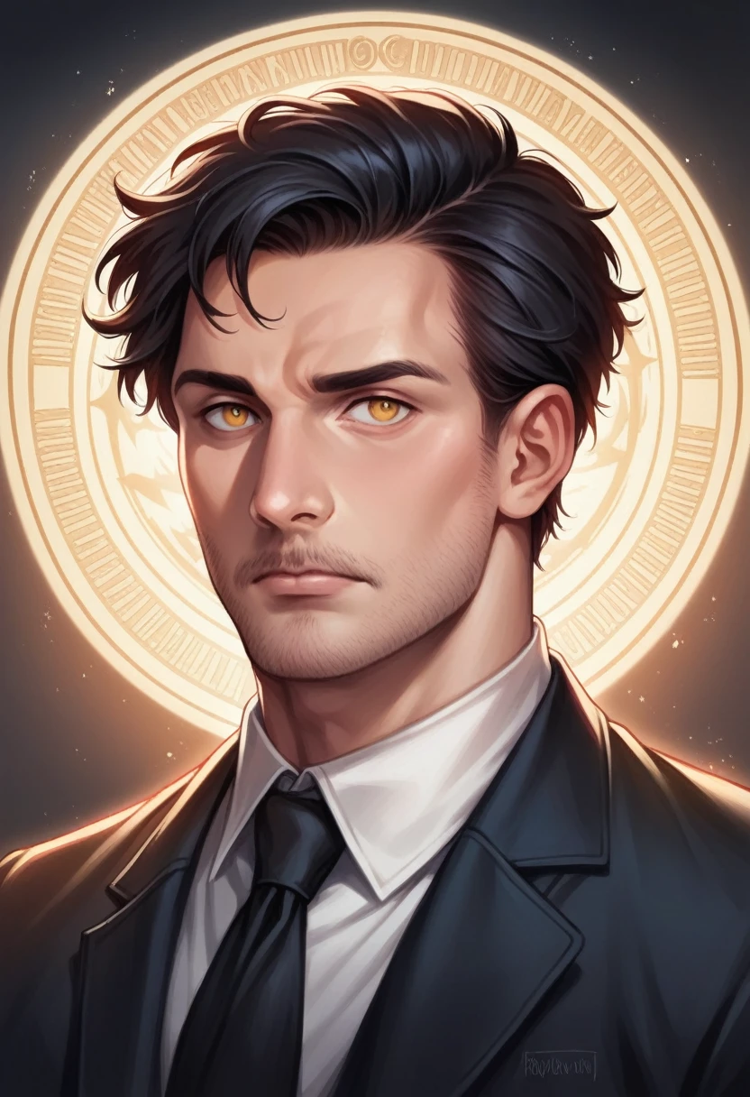 a man with long black hair, golden eyes, detailed facial features, wearing a suit and suit coat, fantasy style, cinematic lighting, hyper detailed, intricate, ornate, rich colors, dramatic composition, photorealistic, award winning digital art, 8k, highly detailed, masterpiece