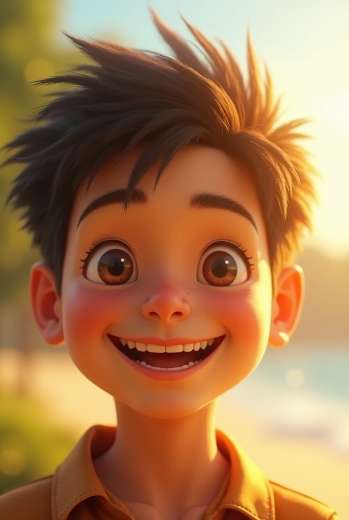 Image of the boy smiling, with sunlight illuminating his face, reflecting hope and confidence.