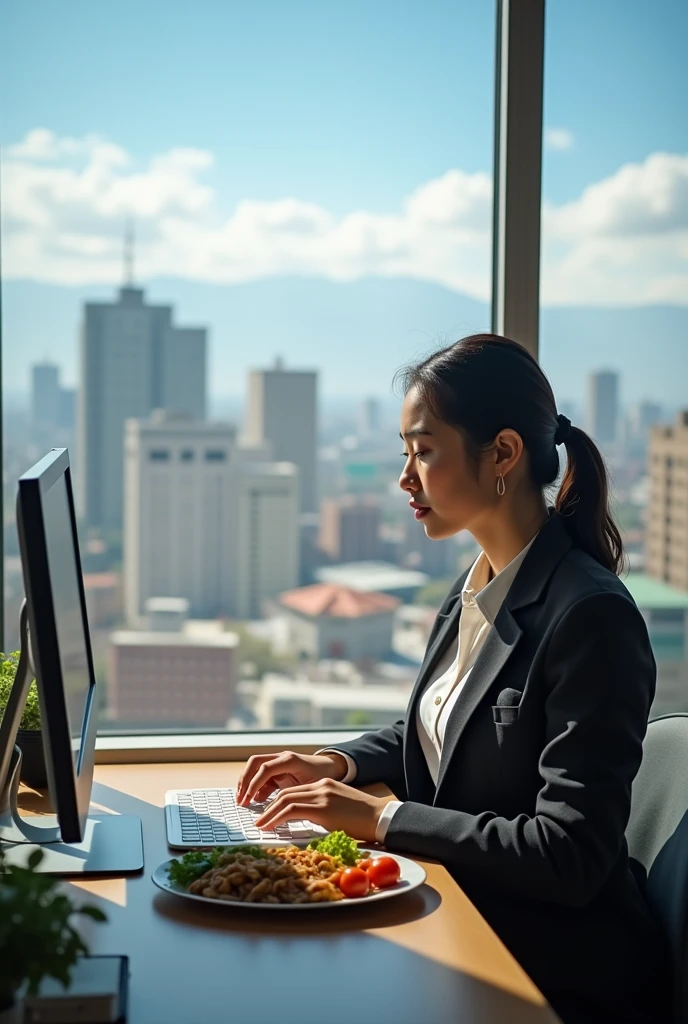 Asian woman, Losing weight, at office, eating keto food, delivery food, mongolia, ulaanbaatar city outside the window view, woman wearing office casual wear, and looks very busy