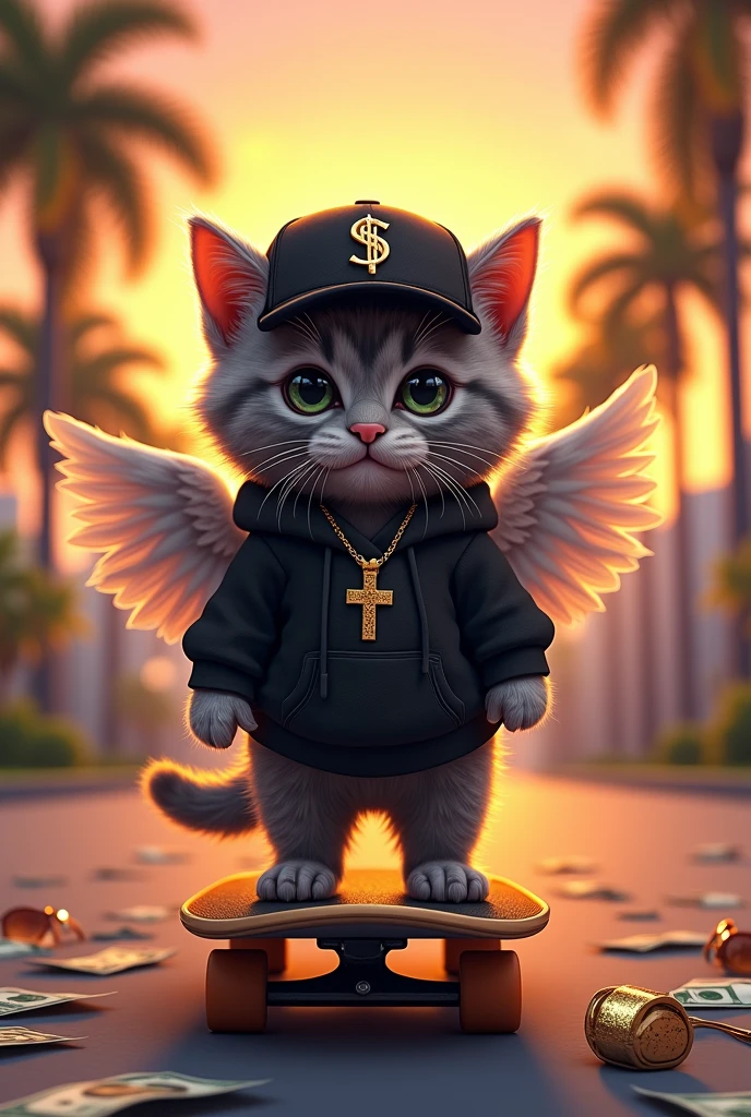 Little baby cat,Grey,Basecap Skateboard urban golden jewelry palm trees Sunset Dollar notes sunglasses,Hoodie black,Angel wings,