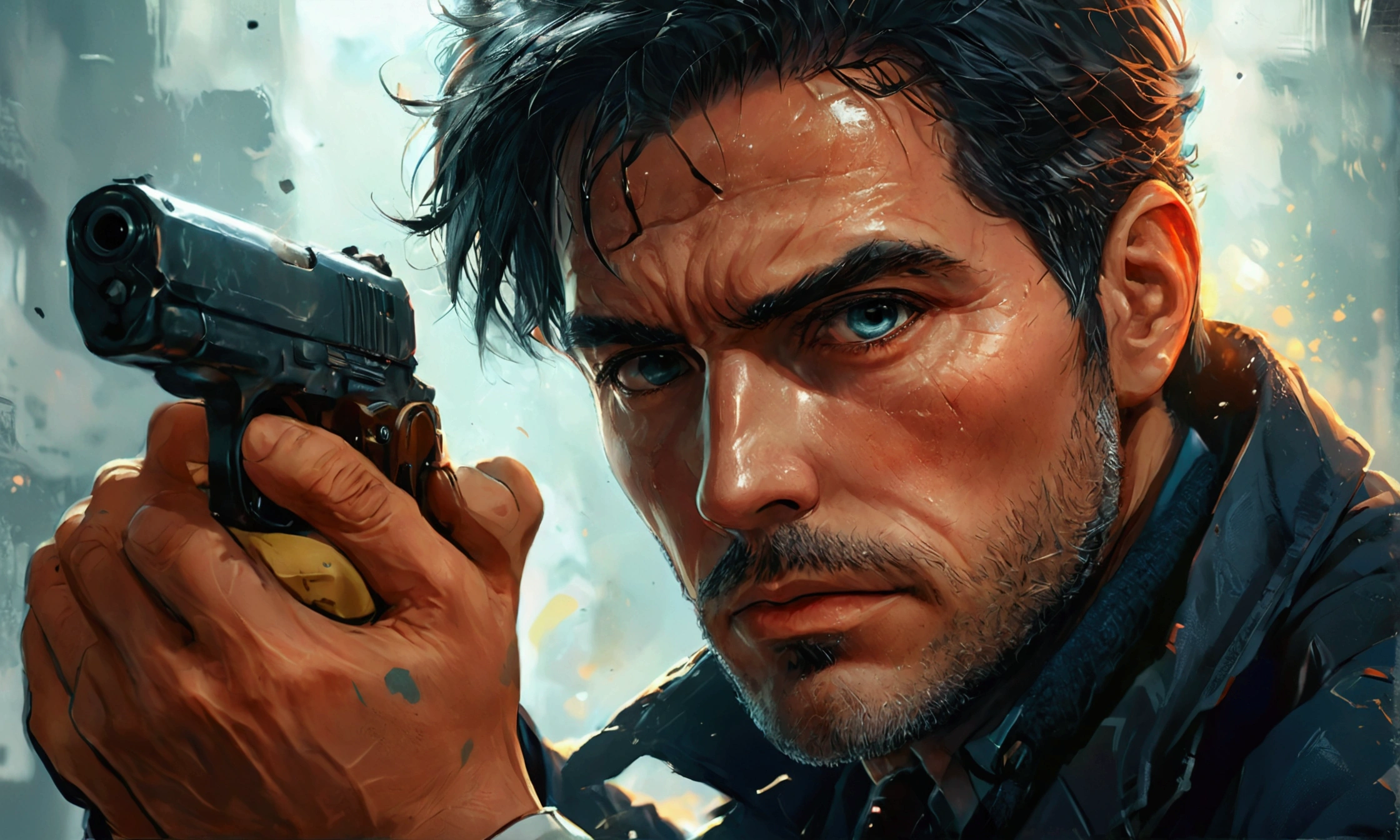 The comic page, one page has four panels: in the broken and smoking city, a fielder carrying a heavy weapon, with a pipe in his mouth (close-up), several comrades cleaning the battlefield in the back (middle view), in the style of Andreas Rocha, cobalt blue and reflective silver, Paul Hedley, Ferrania P30, reflective silver, asymmetrical