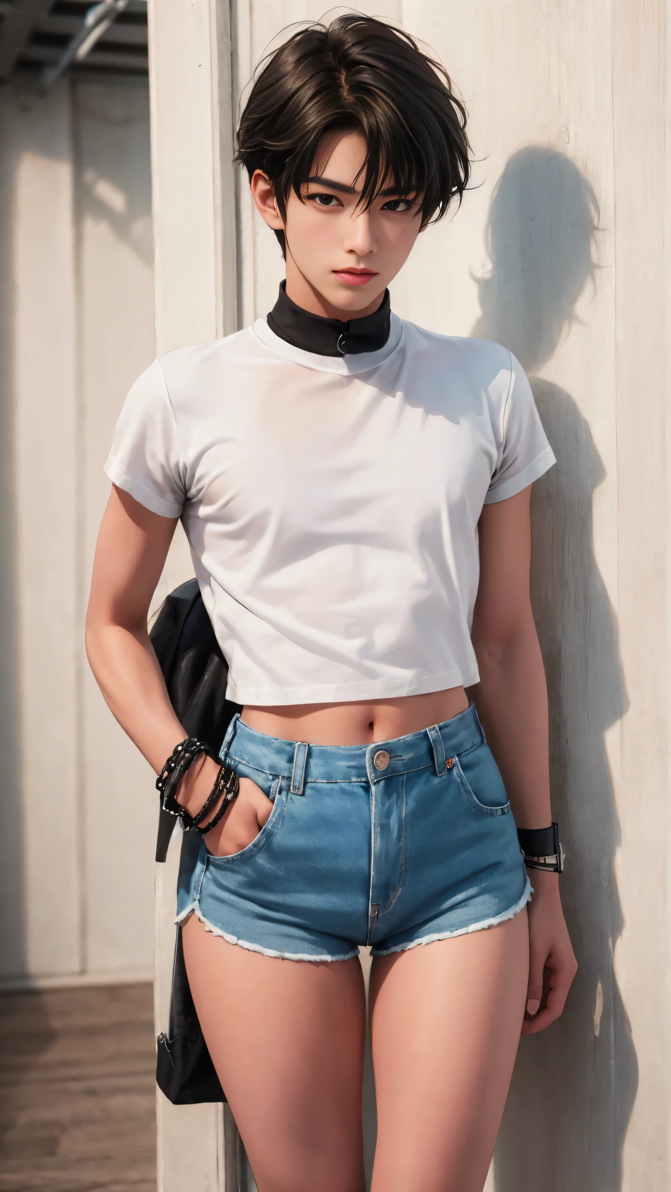 Handsome boy 18 years old, tanned, cute face, brown eyes, dark hair, bangs, wearing short sleeved cropped shirt and excessively short mini shorts, long slim legs, bracelets, flirtatious pose, hot summer, top quality