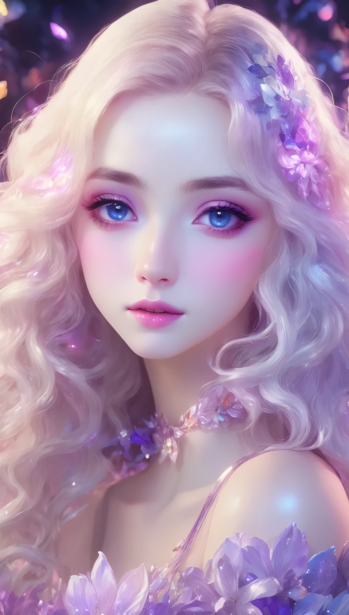 masterpiece,Dazzling colorful lights,Extremely detailed,A girl,big eyes,tulip,Extra long curly hair,White-blond hair,A fascinating adventure,Radiant Lips,Close-up of face,Off-shoulder,Dreamy and beautiful,The rich colors of the characters,Delicate brushstrokes,wallpaper,Lilac background,Anime Aesthetics,