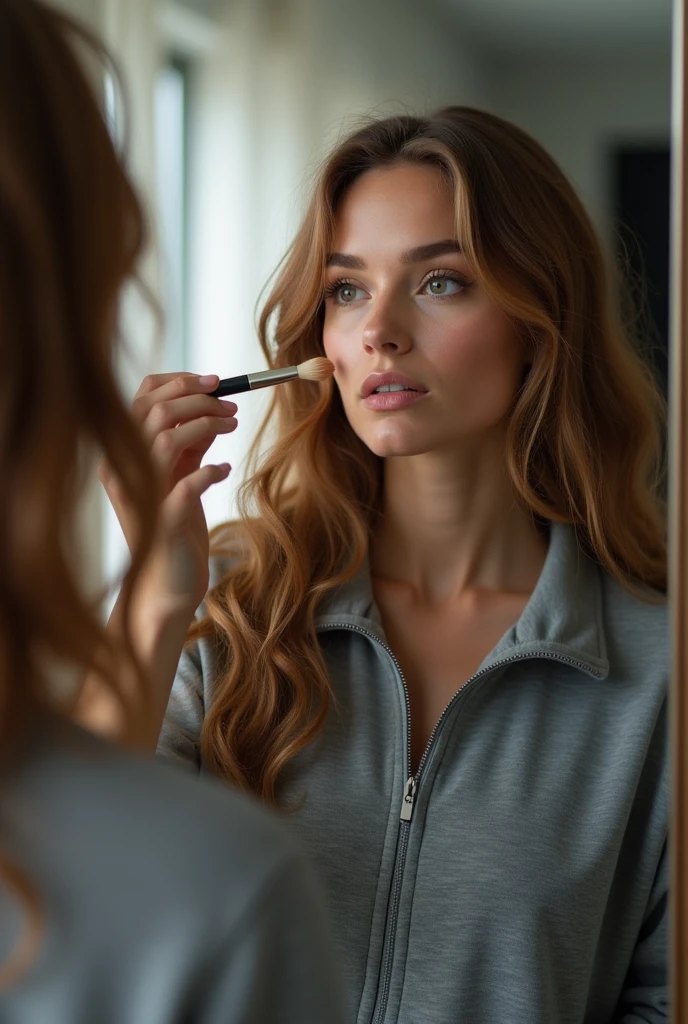 Woman with long, thick, wavy hair wearing tracksuit, track top, jersey, drawing something under her eyes with a thin brush, looking in the mirror, struggling