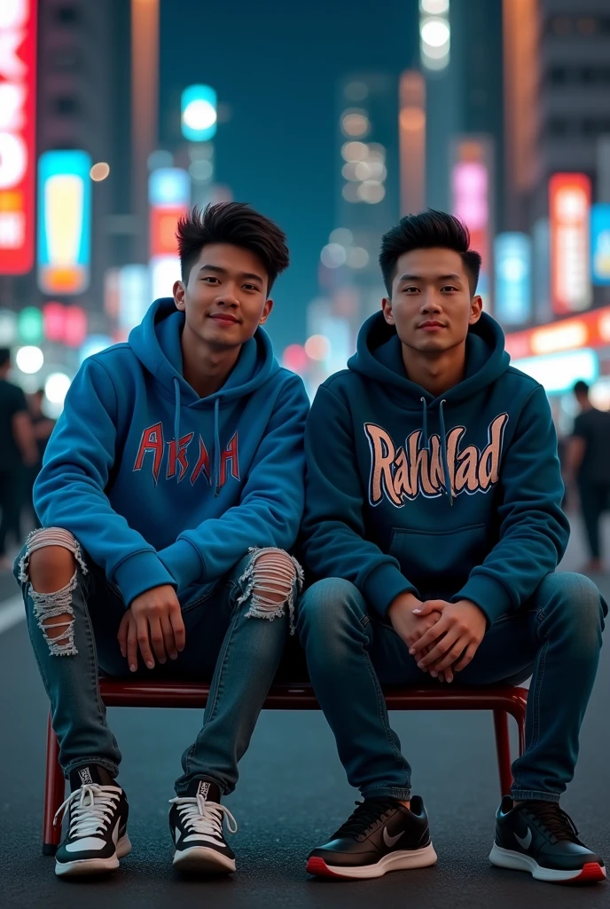 (photorealism:1.2),a 25 year old Indonesian man, Korean Hairstyles , ripped jeans, nike jordan shoes, wearing a blue hoodie that says "Rahmad", graffiti text, clear. pose sitting next to an Indonesian president jokowido, city night background. Real details, hyper realistic, UHD, Photography