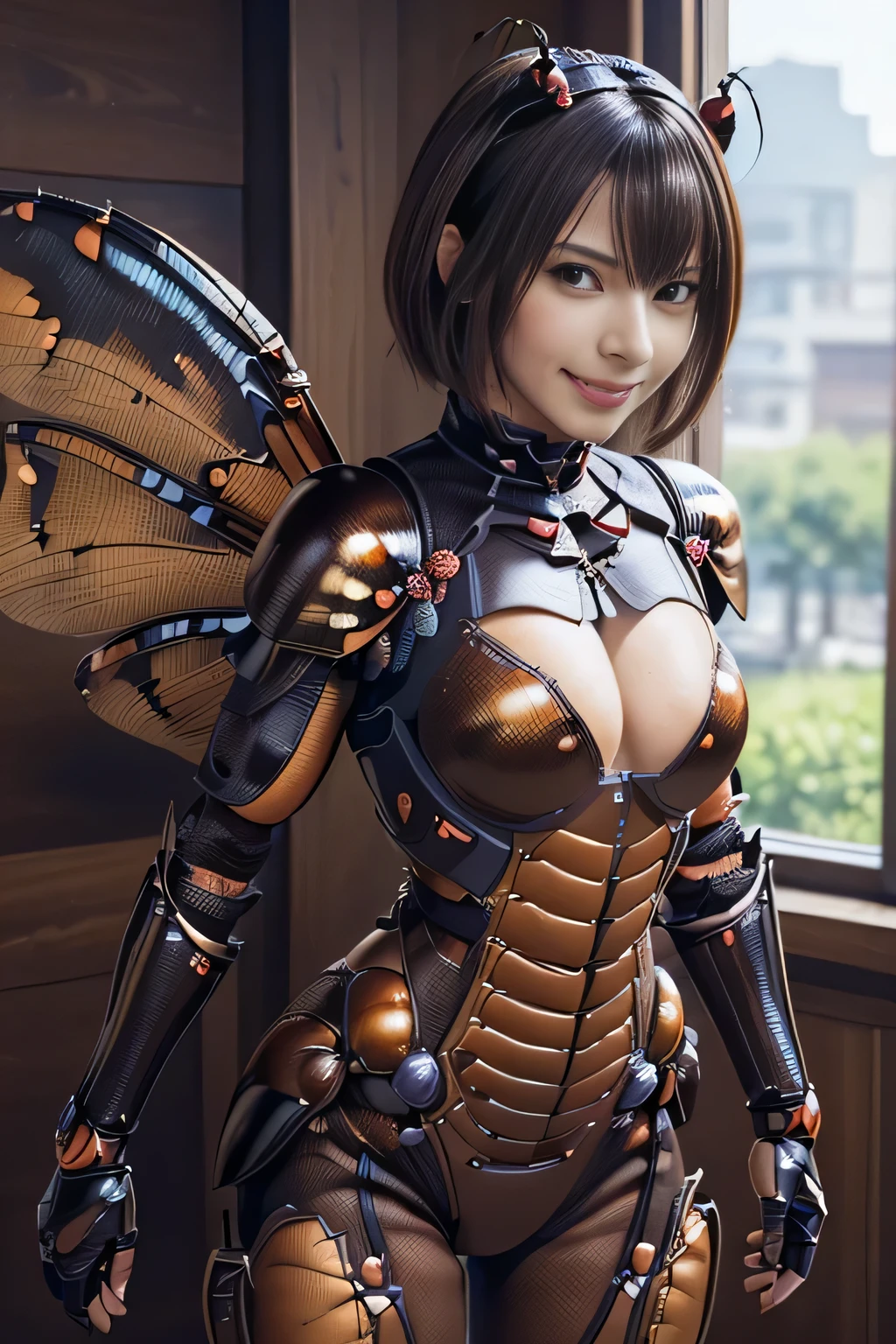 (high resolution,masterpiece,best quality,extremely detailed CG, anime, official art:1.4), realistic, photo, amazing fine details, all intricate, gloss and shiny,awesome many layers, 8k wall paper, 3d, sketch, kawaii, illustration,( solo:1.4), perfect female proportion,villainess, (fusion of dark brown cockroach and lady:1.4), (brown cockroach form lady:1.2), (brown cockroach lady:1.2), (fusion:1.2), (solo:1.4), (evil smile:1.2), muscular, abs, (cockroach brown exoskeleton bio insect suit:1.4), (cockroach brown exoskeleton bio insect armor:1.2), (brown transparency cockroach wing:1.4), (brown cockroach antennae:1.3),