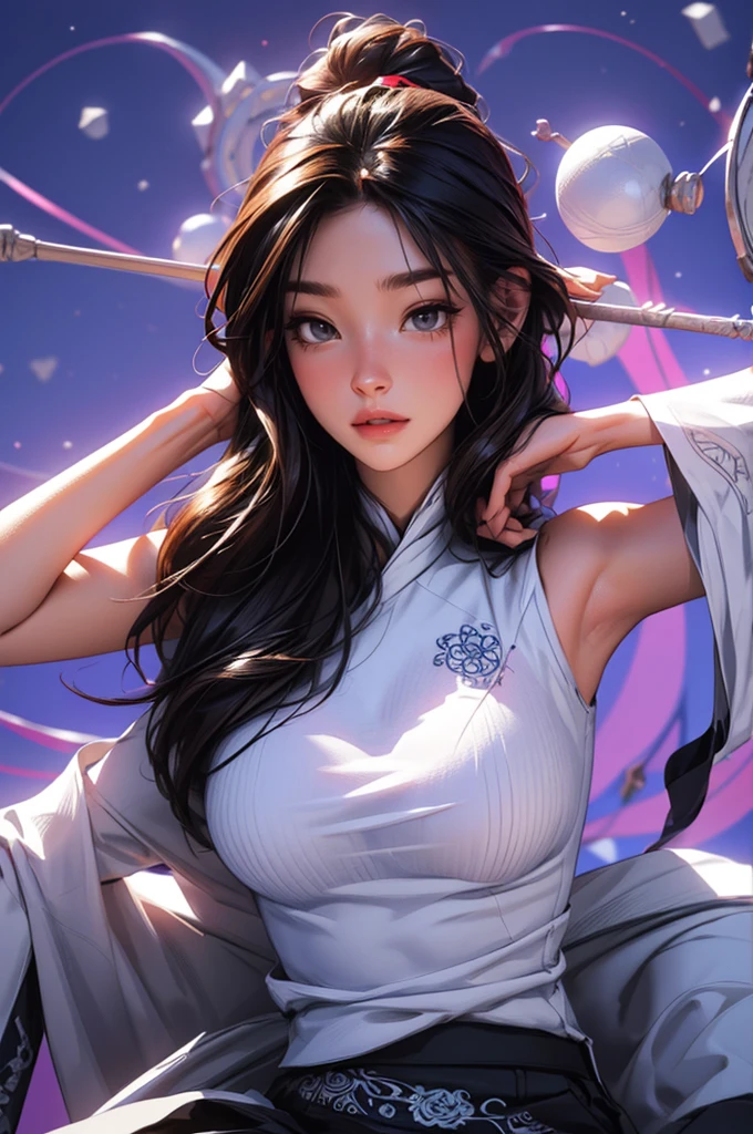 A beautiful woman with mesmerizing mandala tattoo on her back, long flowing dark hair, wearing sleeveless white top, 3D anime style render, intricate colorful mandala patterns with traditional and modern designs, deep purple and blue background, 3D effect, (best quality,4k,8k,highres,masterpiece:1.2),ultra-detailed,(realistic,photorealistic,photo-realistic:1.37),extremely detailed eyes and face,longeyelashes,stunning,vivid colors,physically-based rendering,professional,concept art