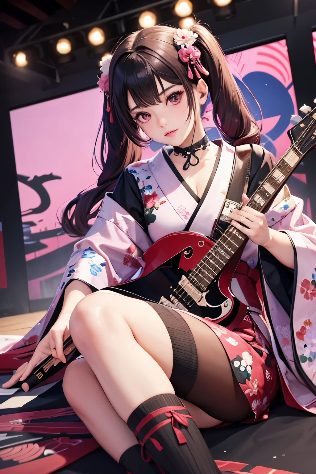 masterpiece, best quality, very detailed, high resolution, expensive resolution, high resolution, 4K, 8k, Unity 8k wallpaper, highly detailed CG, masterpiece, 2D, 3D, beautiful details, depth, fine texture, best quality: 1.3, perfect focus, crispy skin, he,
Very cute anime girl, girl playing guitar vocals in a band wearing a Japanese fancy floral haori hakama, on outdoor stage, full body, expensive pink and black short twin tail hair, mole under eye, looking at the viewer, expensive, blush, mole, lips open, , heart choker, pink eyes, guitar vocals, stage