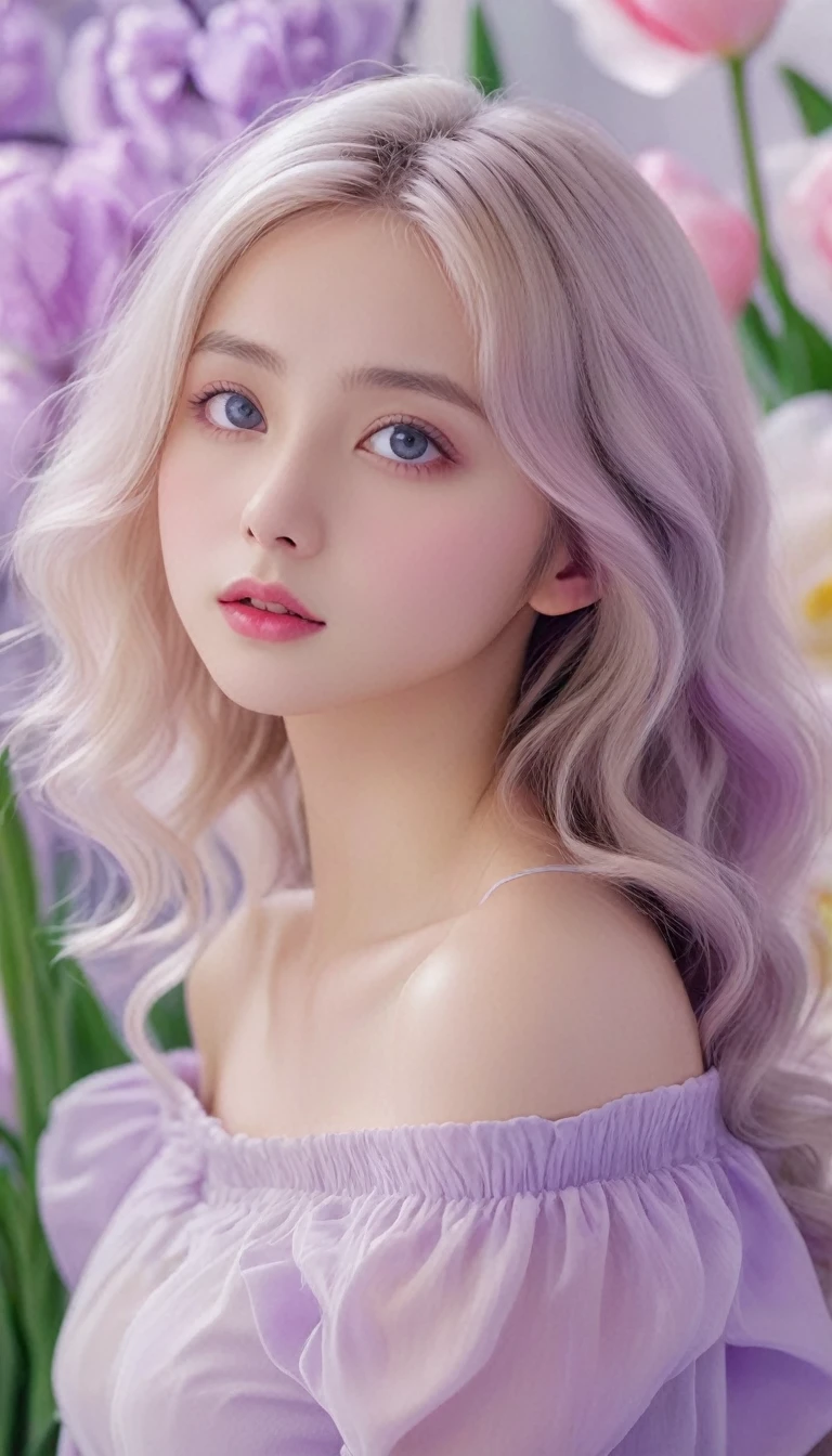 masterpiece,Dazzling colorful lights,Extremely detailed,A girl,big eyes,tulip,Extra long curly hair,White-blond hair,A fascinating adventure,Radiant Lips,Close-up of face,Off-shoulder,Dreamy and beautiful,The rich colors of the characters,Delicate brushstrokes,wallpaper,Lilac background,Anime Aesthetics,