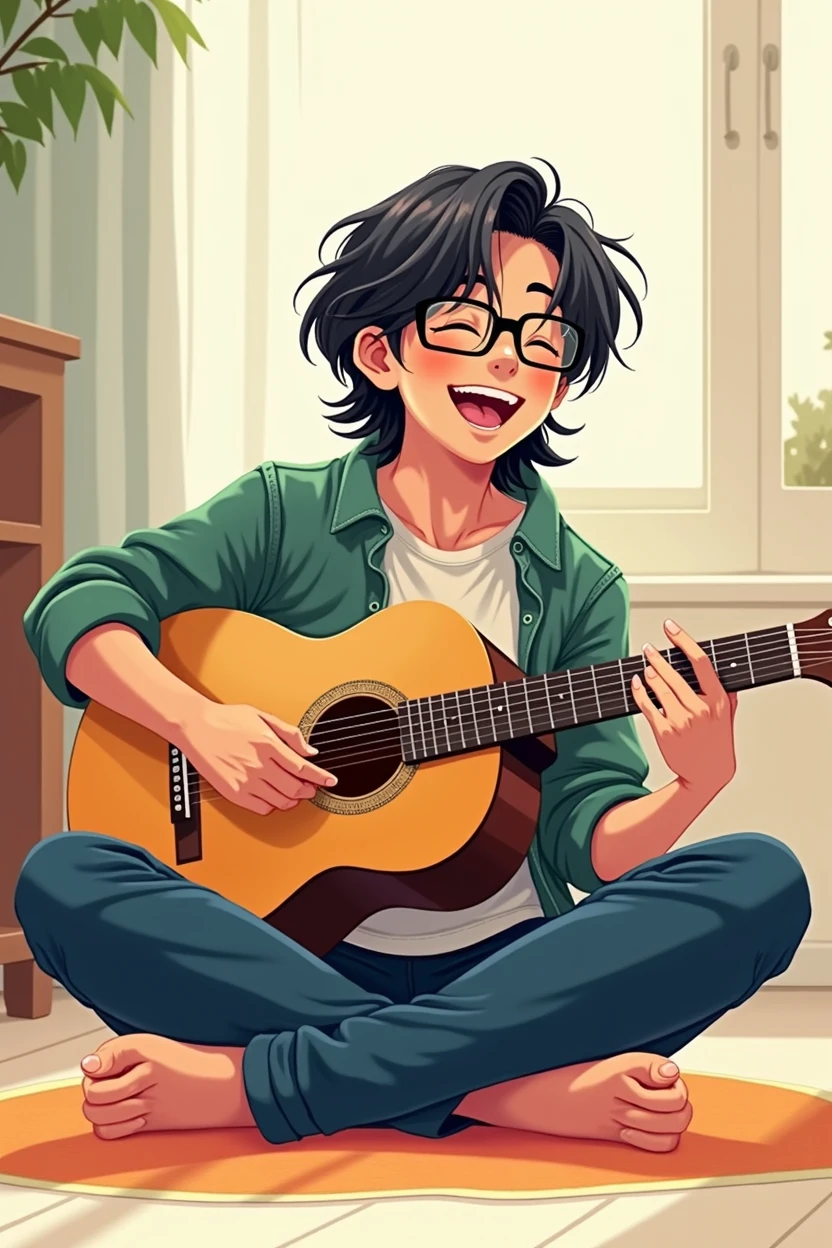 Illustration of a young man wearing square black-rimmed glasses。
My hair is shoulder length and black with a slight perm. Please have me sit cross-legged with a guitar and sing with a smile.