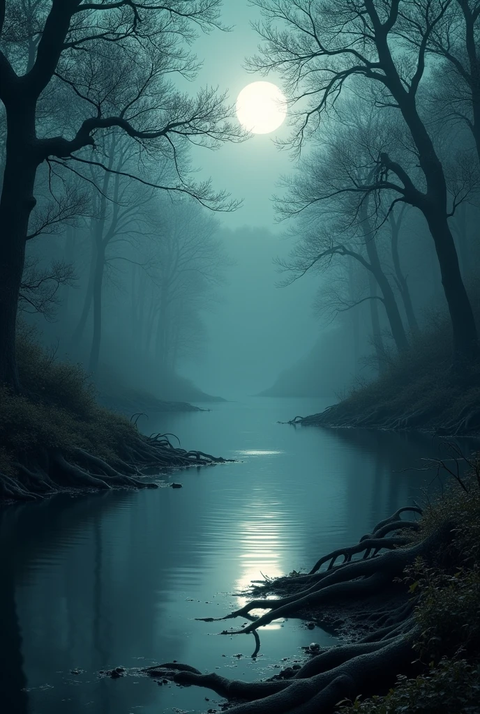 A perfectly calm lake, hidden among the dense trees of a dark forest. The surface of the lake reflects the shadows of the trees and the soft glow of the full moon., creating an almost hypnotic effect. however, something looks disturbing in the water, with slight unexplained ripples and a feeling that something is lurking beneath the surface. The lakeshore is covered in undergrowth and trees whose roots seem to extend all the way to the water., as if they wanted to grab anyone who approached.