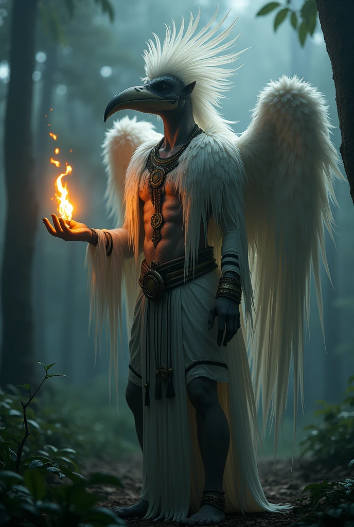 a human with the face of a hornbill, has long white feathers with black stripes, wears a Kalimantan Dayak tribal robe, has a small glowing fire in his hand, with a dark cloudy forest in the background.