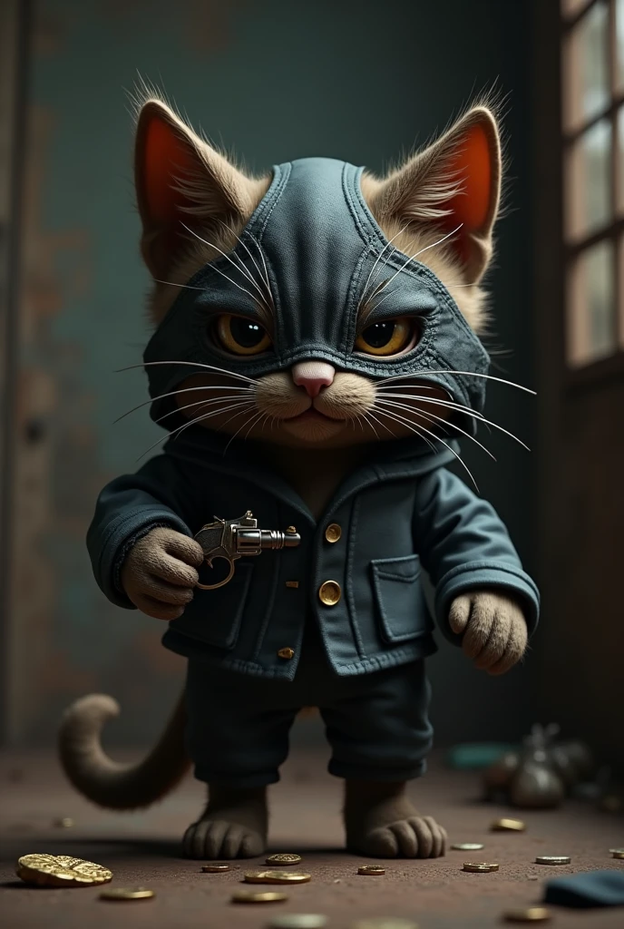 Create a highly realistic image of a cat depicted as a 'dakat' (robber). The cat should be wearing a worn, dark mask with rough edges, covering its face like a traditional bandit. The mask should have cutouts for the eyes and ears, and the cat’s expression should be fierce, determined, and slightly intimidating. The cat should be holding a small weapon, like a tiny dagger or a classic revolver, in one of its paws, adding to the robber persona. The setting should be in a dimly lit, rustic environment, such as an old, abandoned warehouse or a dark alley, with shadows and subtle details like scattered coins, bags of loot, or a broken lock. The atmosphere should be gritty and tense, capturing the essence of a cunning and dangerous outlaw, yet still retaining the surreal and playful nature of a cat in this role