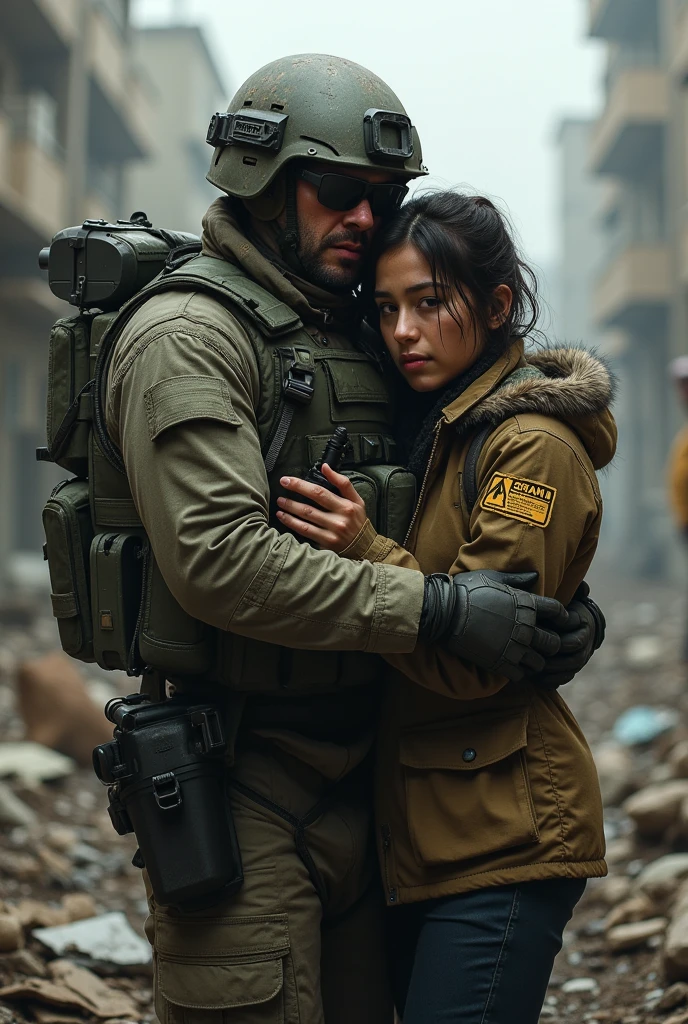 a soldier holding a rescued hostage after a successful mission. The soldier, wearing a tactical uniform and gear, should have a protective and relieved expression. The hostage, looking grateful and a bit shaken, should be close to the soldier, perhaps being shielded or guided by them. The background should depict the aftermath of a rescue, with debris or a war-torn environment, emphasizing the intensity of the situation