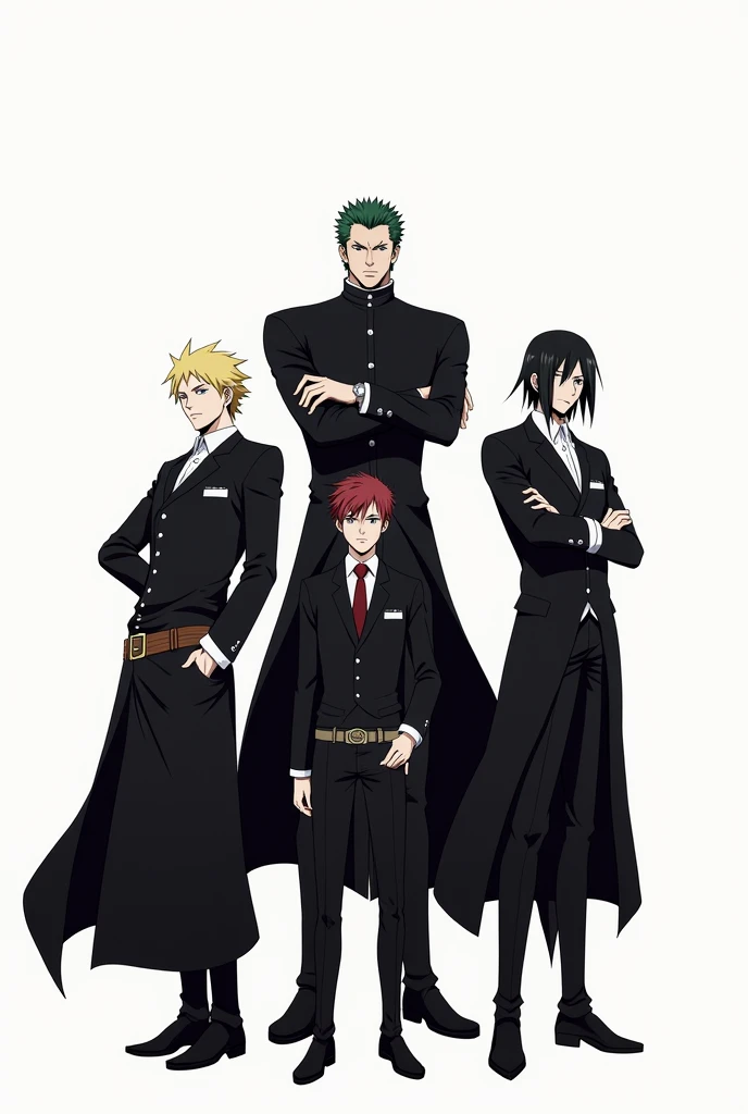 In white screen some anime charecters are gather which is aizen,goojo,toji,levi make a wallpaper of them