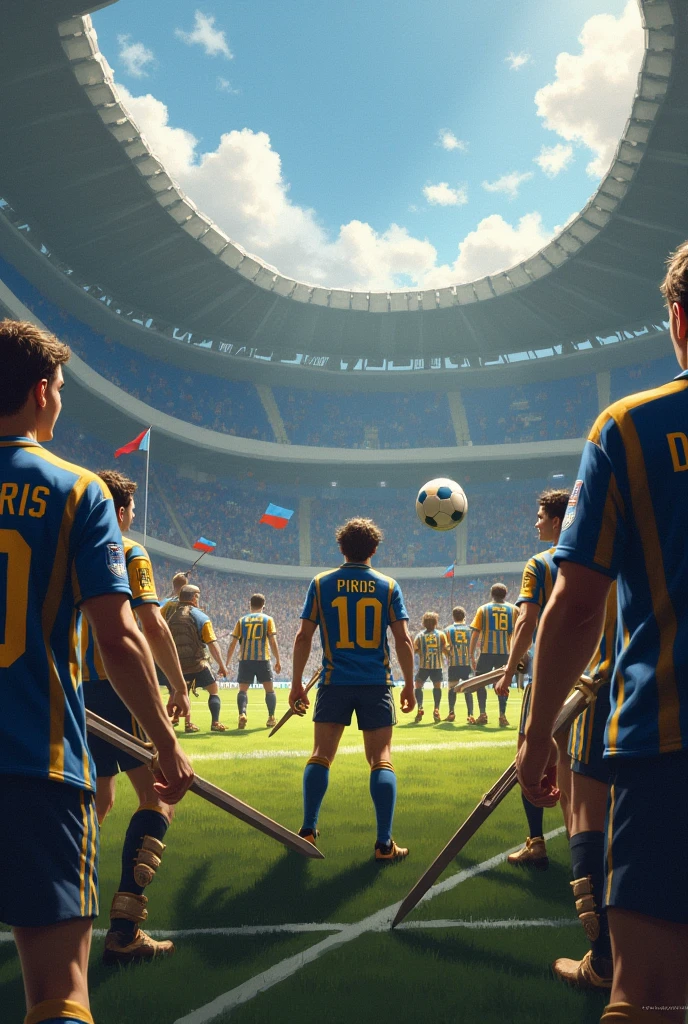 A packed football stadium, roaring with excitement. From a perspective behind the Boca Juniors goal, you can see the whole team, with their classic blue and gold shirts, looking forward with determination. In the center of the field, a group of imposing Spartan warriors, with their shining armor and unsheathed swords, advances at full speed towards the Boca players. Behind the Spartans, The Xeneize fans wave flags and create a sea of blue and gold, cheering on his team. A soccer ball floats in the air, right between both sides, ready to be contested. The image must convey the intensity of a crucial match, with dramatic lighting that highlights the faces of the players and the passion of the crowd. And that the number on the player's shirt that is seen says Piris as the name and number 10.