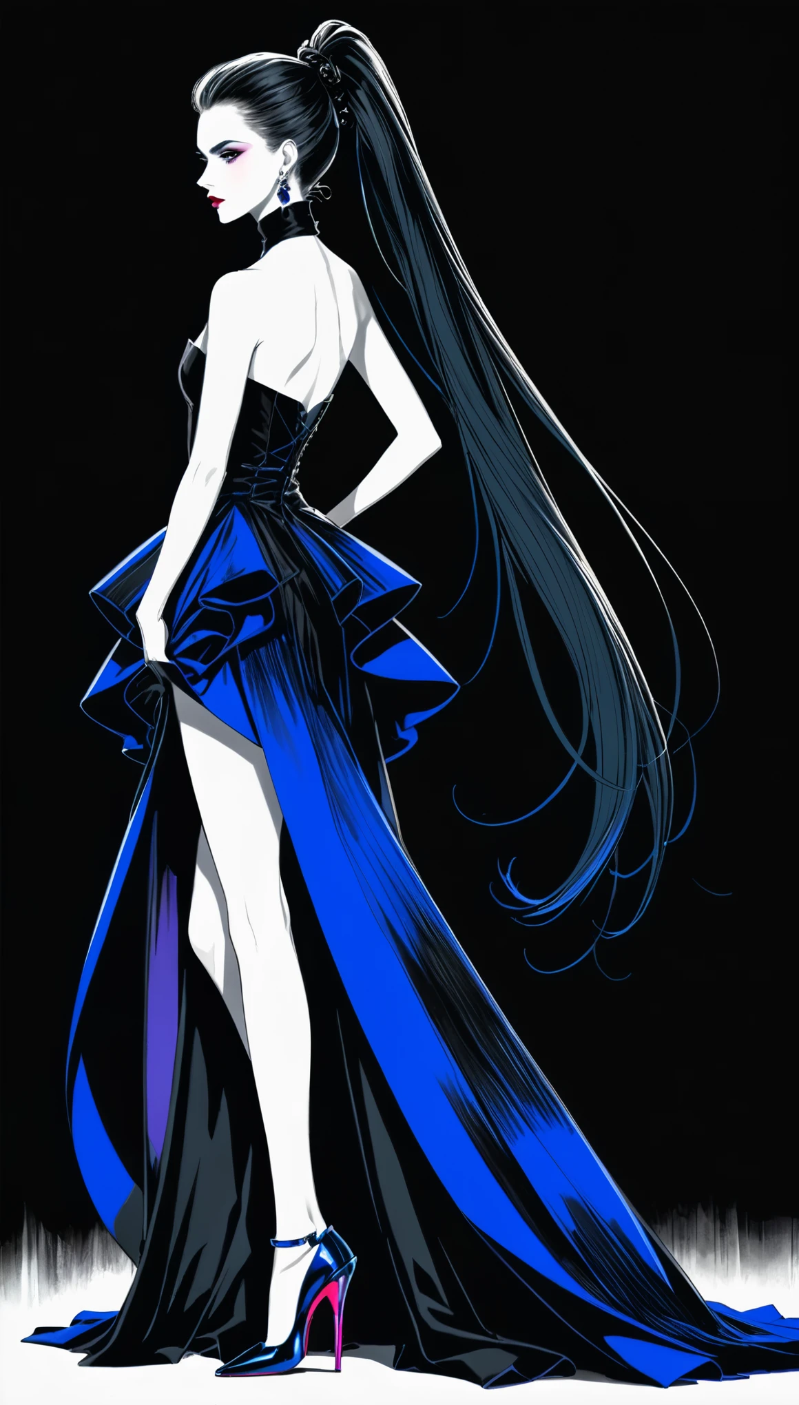 in style of Santiago Caruso,in style of Hans Hartung,in style of Carolina Herrera
1girl,character concept design,half body,high tied Ponytail,(gravure_pose:1.6),leaning forward,goth style clothing accessories,lively dynamic color matching,unique tailoring carolina herrera style,gorgeous,noble,extreme fluorescence gothic aesthetics,incredibly long hair,the ultimate mercury heels,corresponding color of the background
