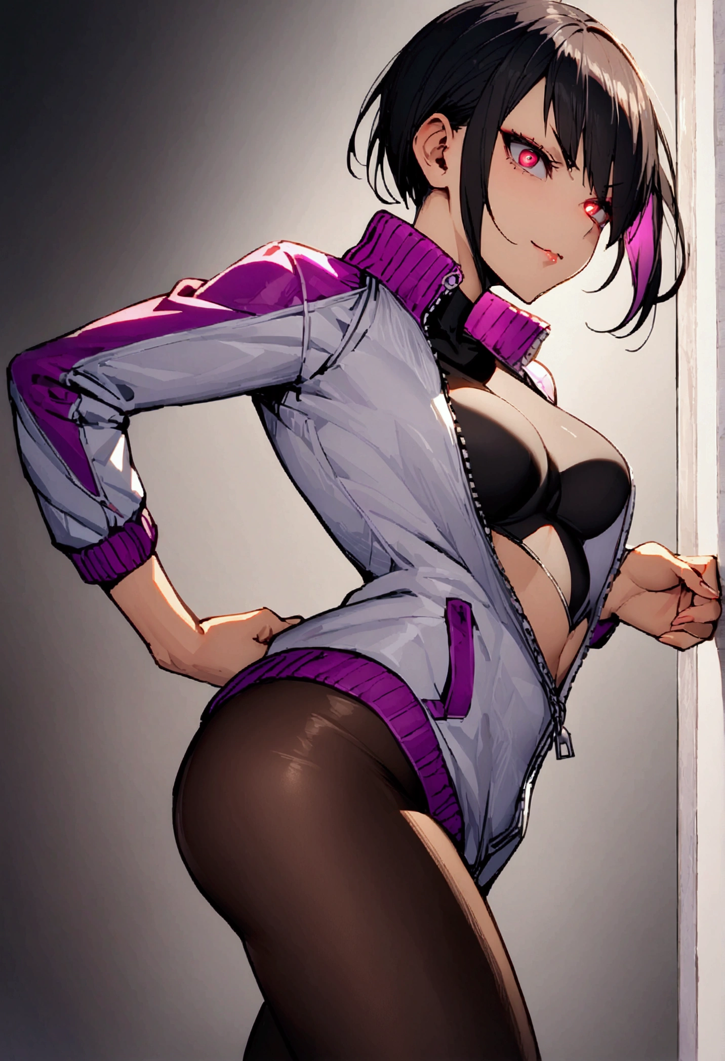 (((one girl))),(((inaba tewi))),((touhou),(((red eyes))),(rabbit girl),(((black hair,short hair,wavy hair))),(((white rabbit ears,white floppy ears))),(((Black leather jacket))),(((pink full bodysuit))),((latex)), (shiny clothes:1.2),(((grin))),(((full body))),(((arm behind head))),(((model posing))),((((simple white background))),(((from front)))