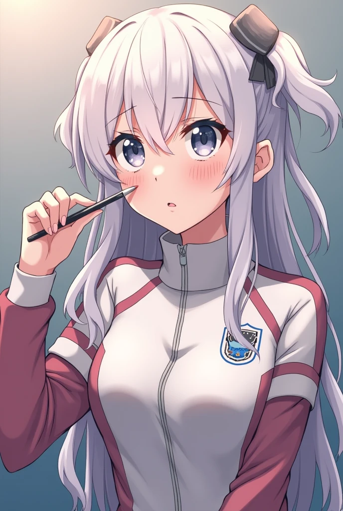 A woman with jellyfish-shaped hair wearing a tracksuit, a track top, a jersey, and a thin brush drawing something under her eyes. Looking in the mirror. Struggling. Anime-style.
