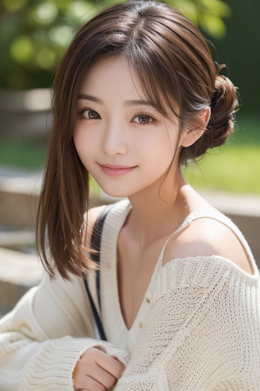 (masterpiece:1.3), (8k, Photorealistic, RAW Photos, Best image quality: 1.4), Japanese girl、(Random Hairstyles:1.2)、Super detailed face、Attention to detail、double eyelid、Put your chest together、Sharp focus:1.2、Beautiful woman:1.4、Light brown hair、Highest quality、masterpiece、Ultra-high resolution、(Photorealistic:1.4)、Highly detailed and professionally lit smiles、Relaxed, lightweight knitwear、Shoulder out、thin、Serious expression、Short fine hair、Deadly position